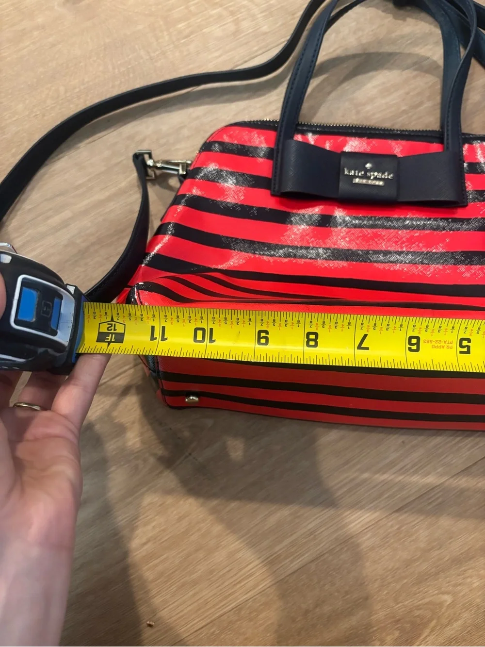 kate spade Red and Navy Striped Dome Satchel with Bow Accent